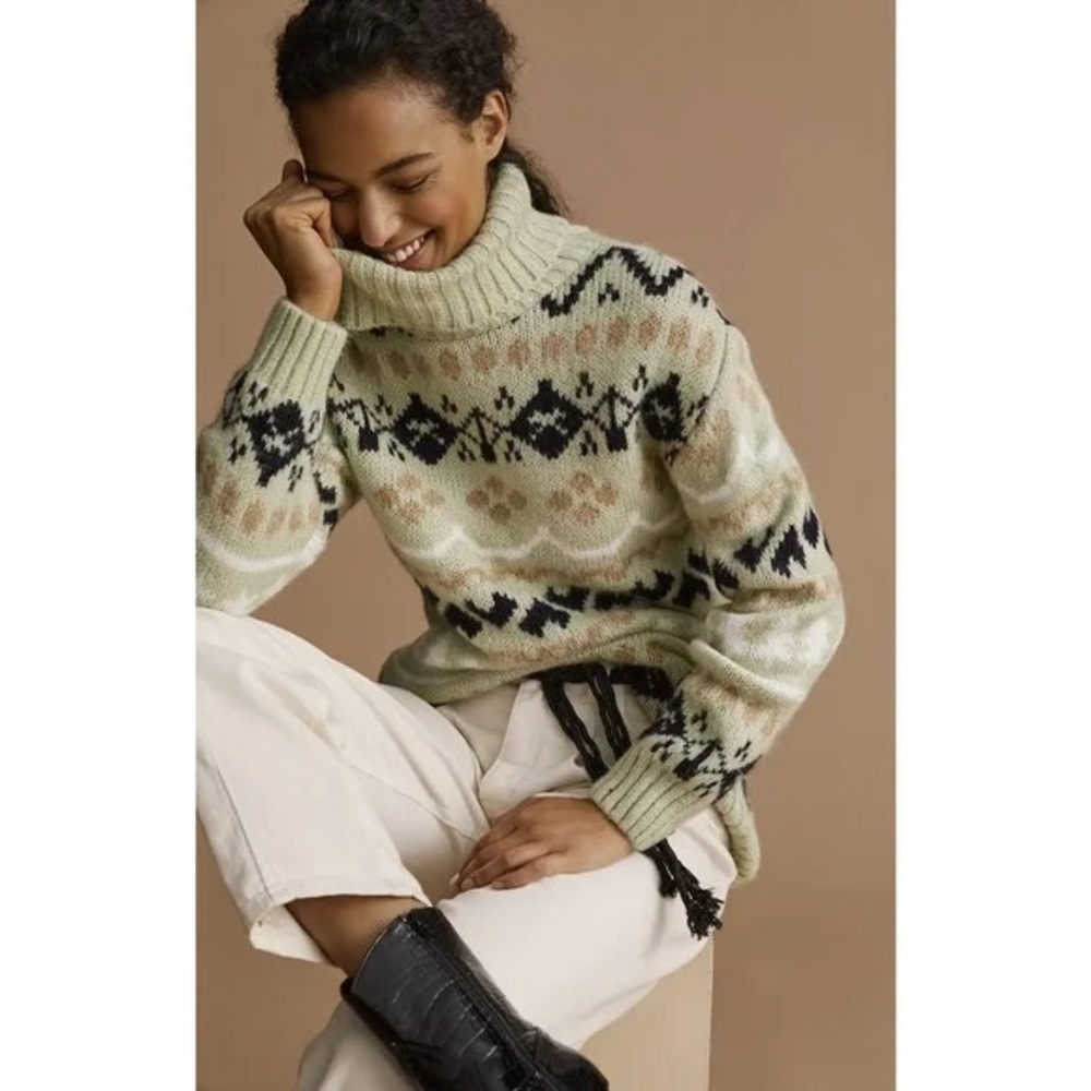 Anthropologie Mint and Black Patterned Turtleneck Sweater